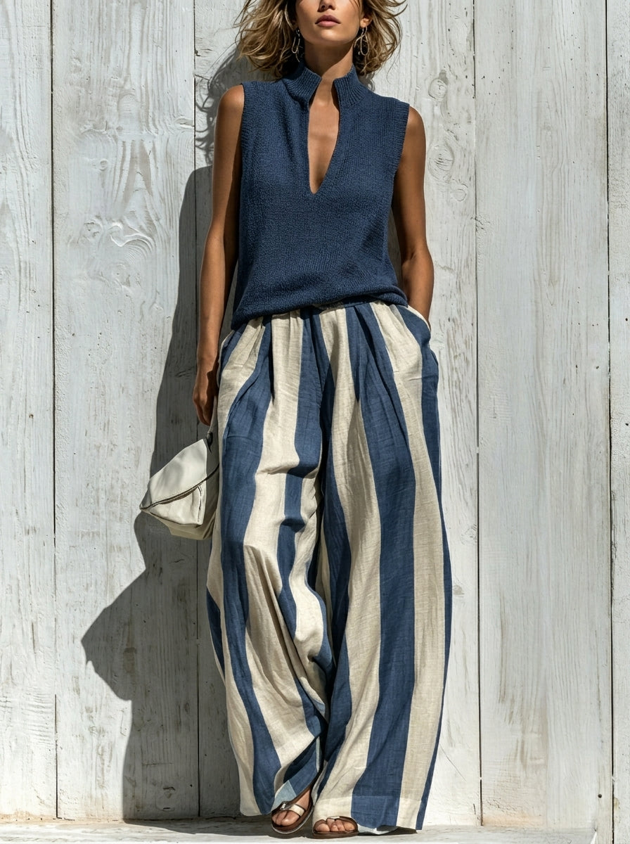 Sofía | Completo Elegante in Tessuto Fluido: Top e Pantaloni Palazzo a Righe