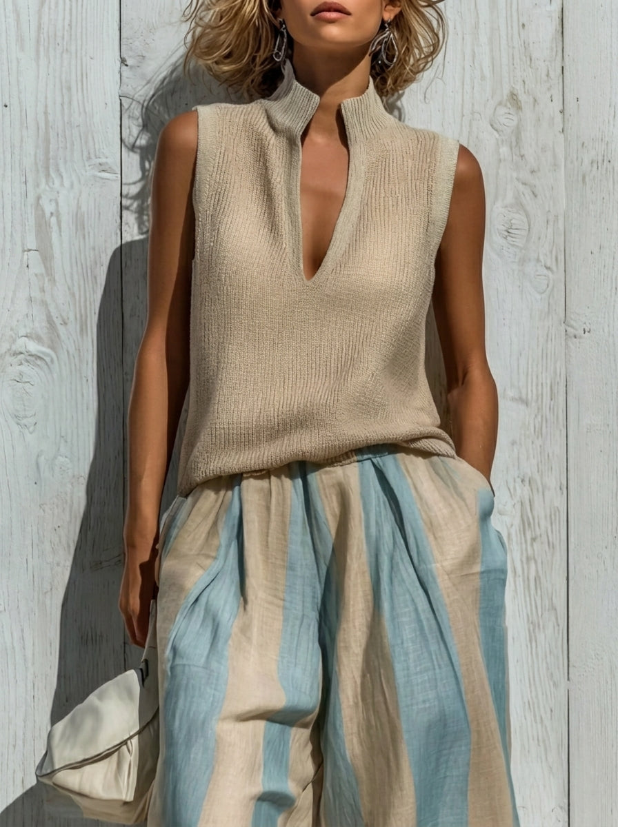 Sofía | Completo Elegante in Tessuto Fluido: Top e Pantaloni Palazzo a Righe