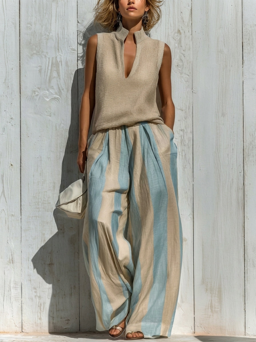 Sofía | Completo Elegante in Tessuto Fluido: Top e Pantaloni Palazzo a Righe