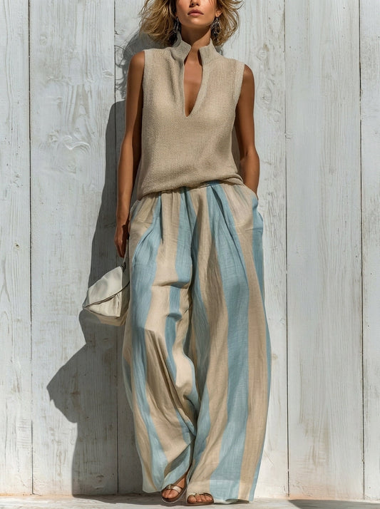 Sofía | Completo Elegante in Tessuto Fluido: Top e Pantaloni Palazzo a Righe