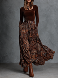 Sara | Completo Vintage Top in Velluto Elasticizzato e Gonna Lunga Stampa Cachemire con Cintura