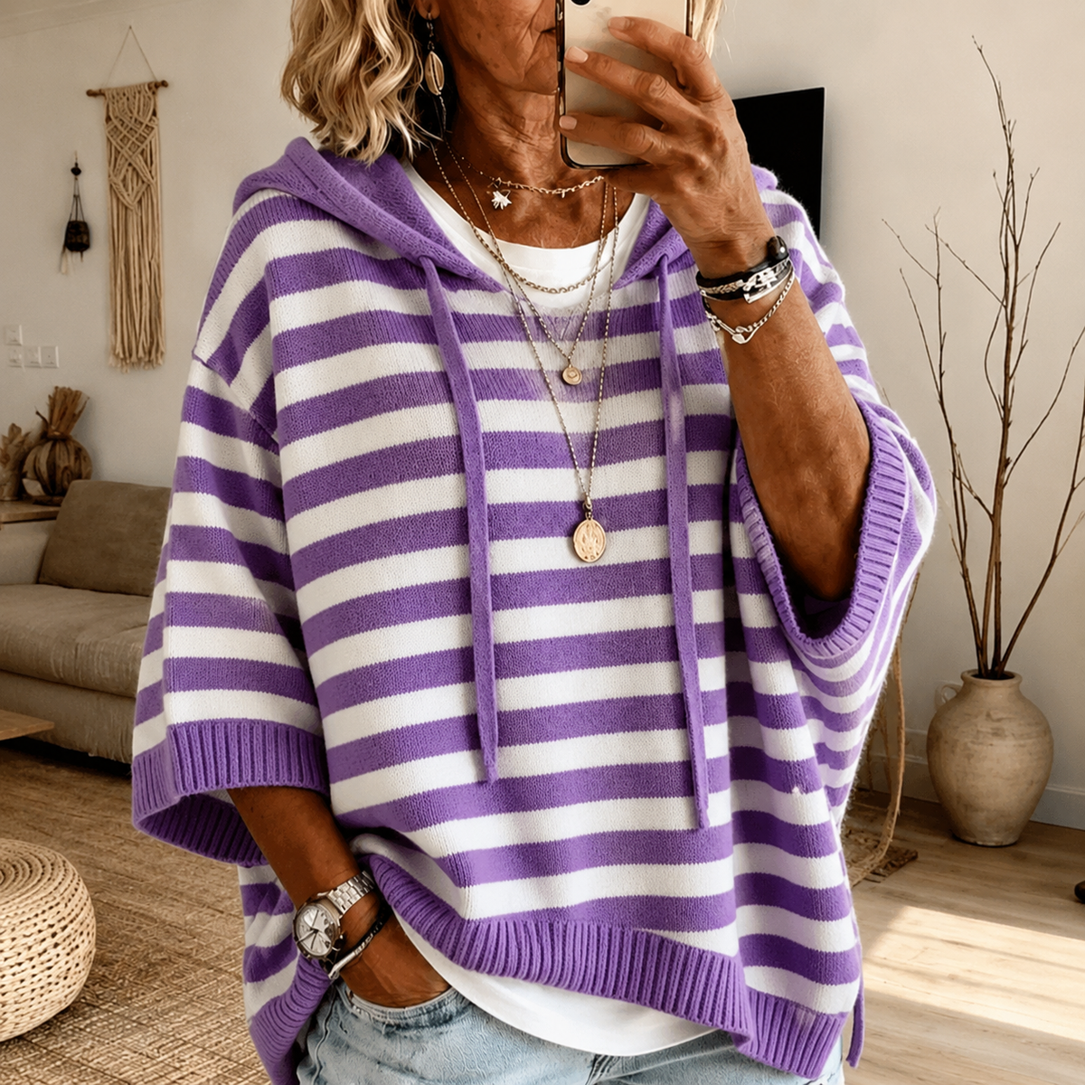 Anais – Maglione Poncho a Righe Viola
