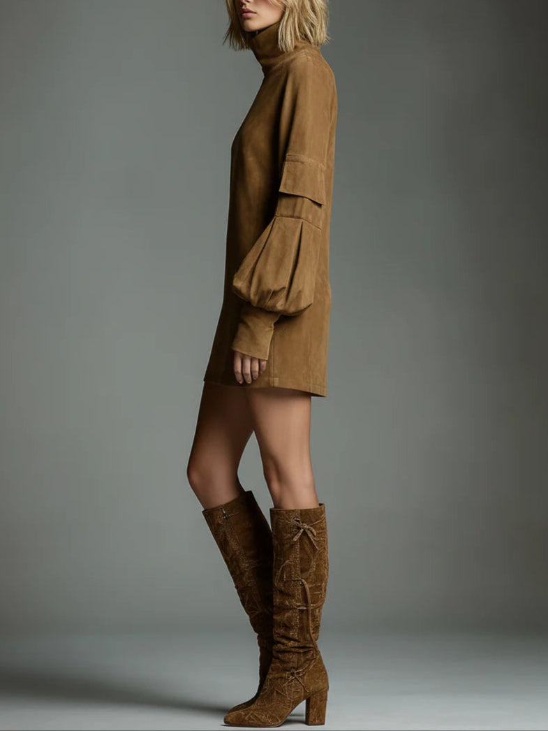 Romy | Abito Mini in Suedine Vintage con Collo Alto