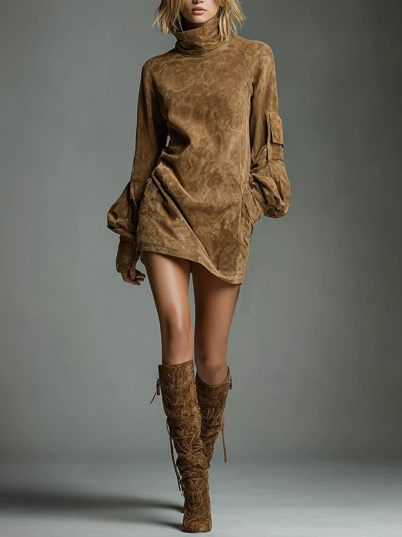 Bibiane | Mini Abito Oversize in Suedine con Collo Alto
