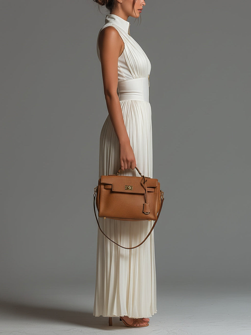 Louise | Tuta in Chiffon Bianco Senza Maniche con Zip e Pieghe a Gamba Larga