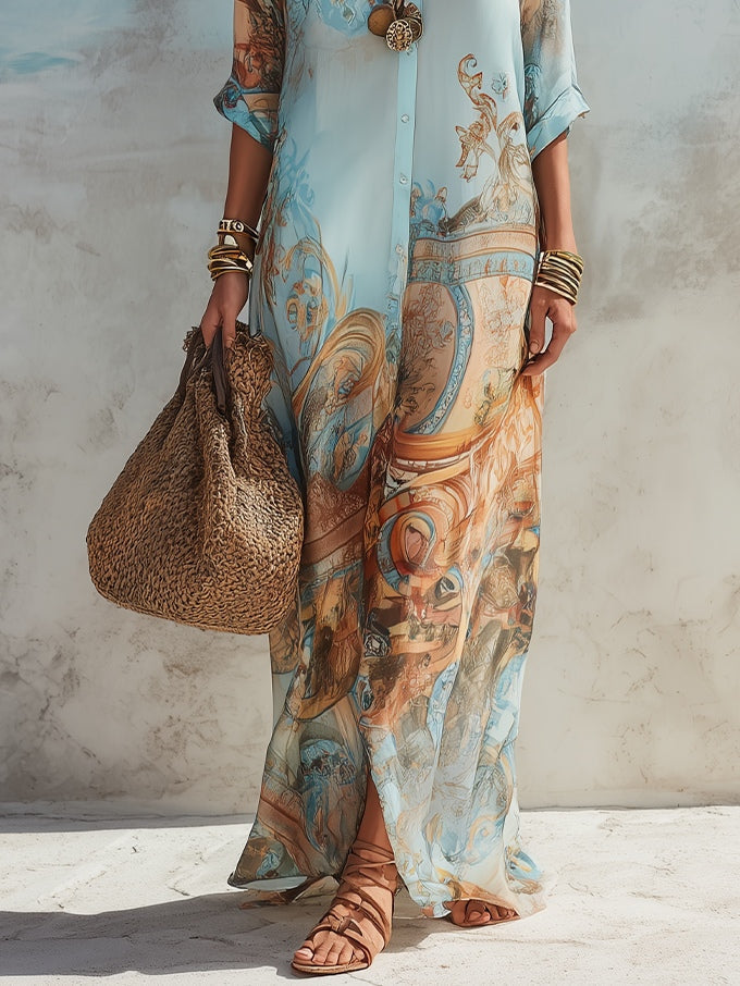 Valérie | Abito Maxi con Stampa Floreale Blu per Vacanze
