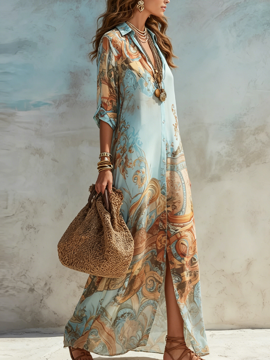 Valérie | Abito Maxi con Stampa Floreale Blu per Vacanze