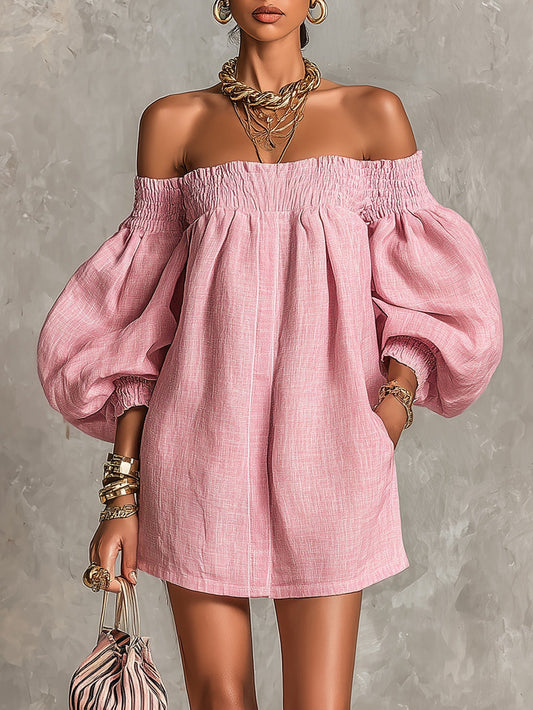 Rosabelle | Mini Abito A-Linea Ampio, Maniche a Lanterna, Spalle Scoperte Rosa