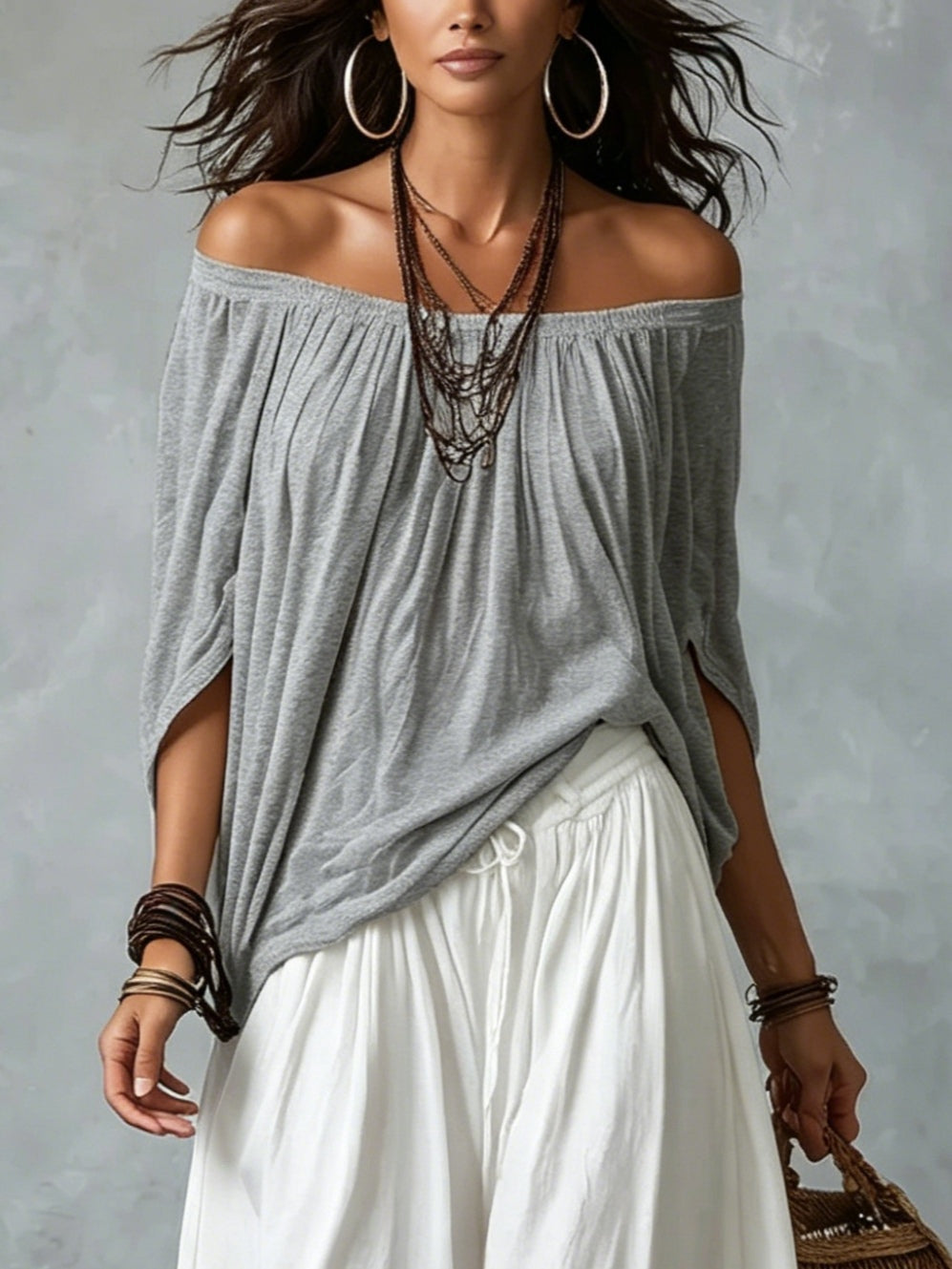 Marta | Completo Top Bianco Off-the-shoulder e Pantaloni Lantern Larghi