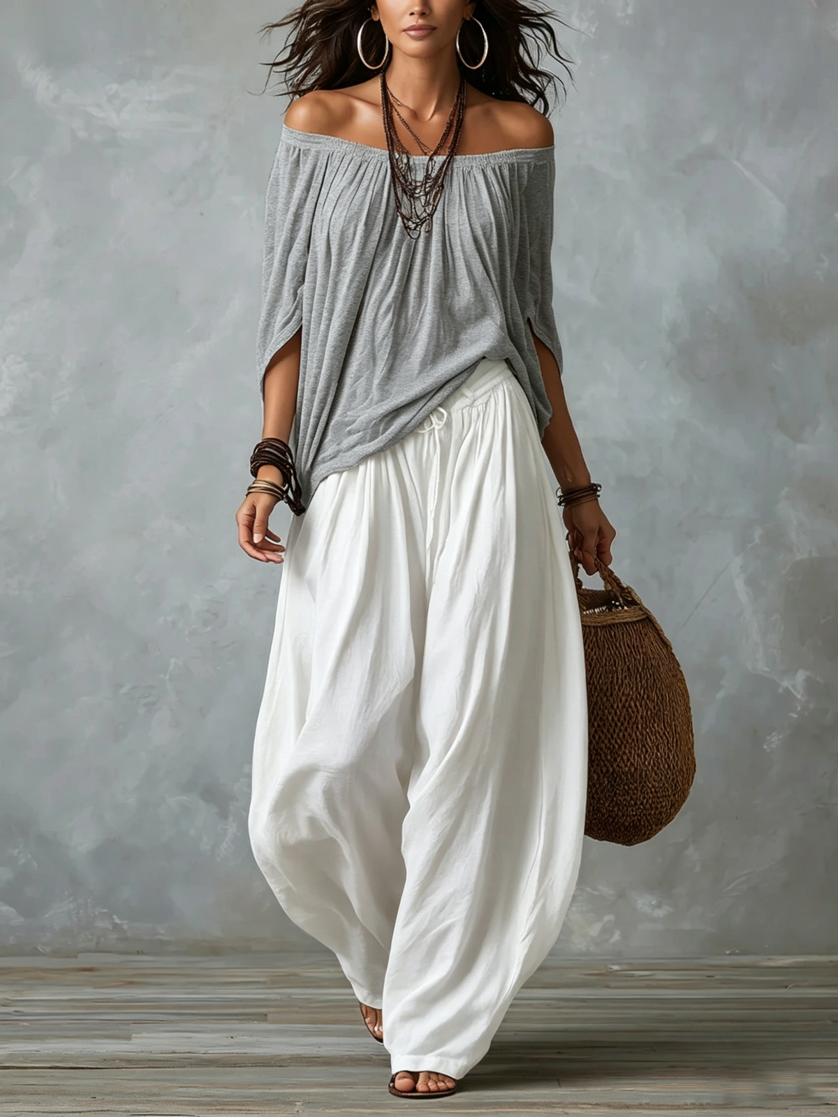 Marta | Completo Top Bianco Off-the-shoulder e Pantaloni Lantern Larghi