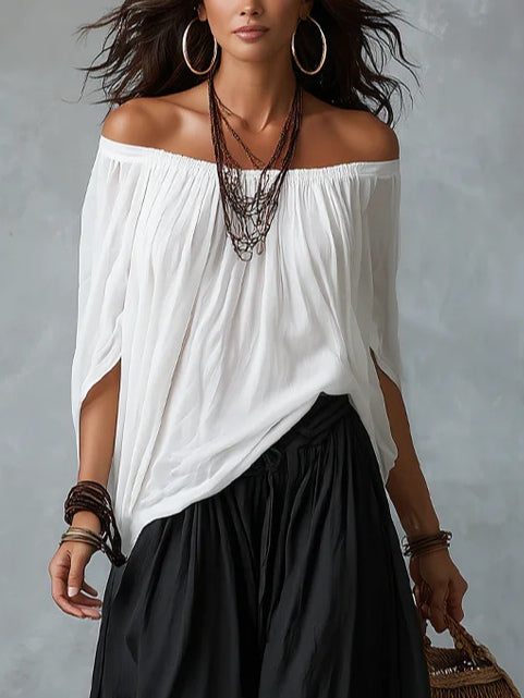 Marta | Completo Top Bianco Off-the-shoulder e Pantaloni Lantern Larghi