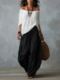 Marta | Completo Top Bianco Off-the-shoulder e Pantaloni Lantern Larghi