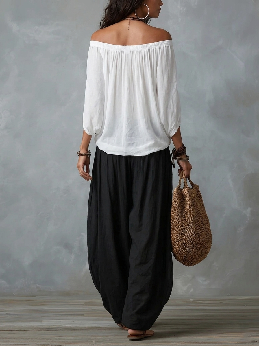 Marta | Completo Top Bianco Off-the-shoulder e Pantaloni Lantern Larghi