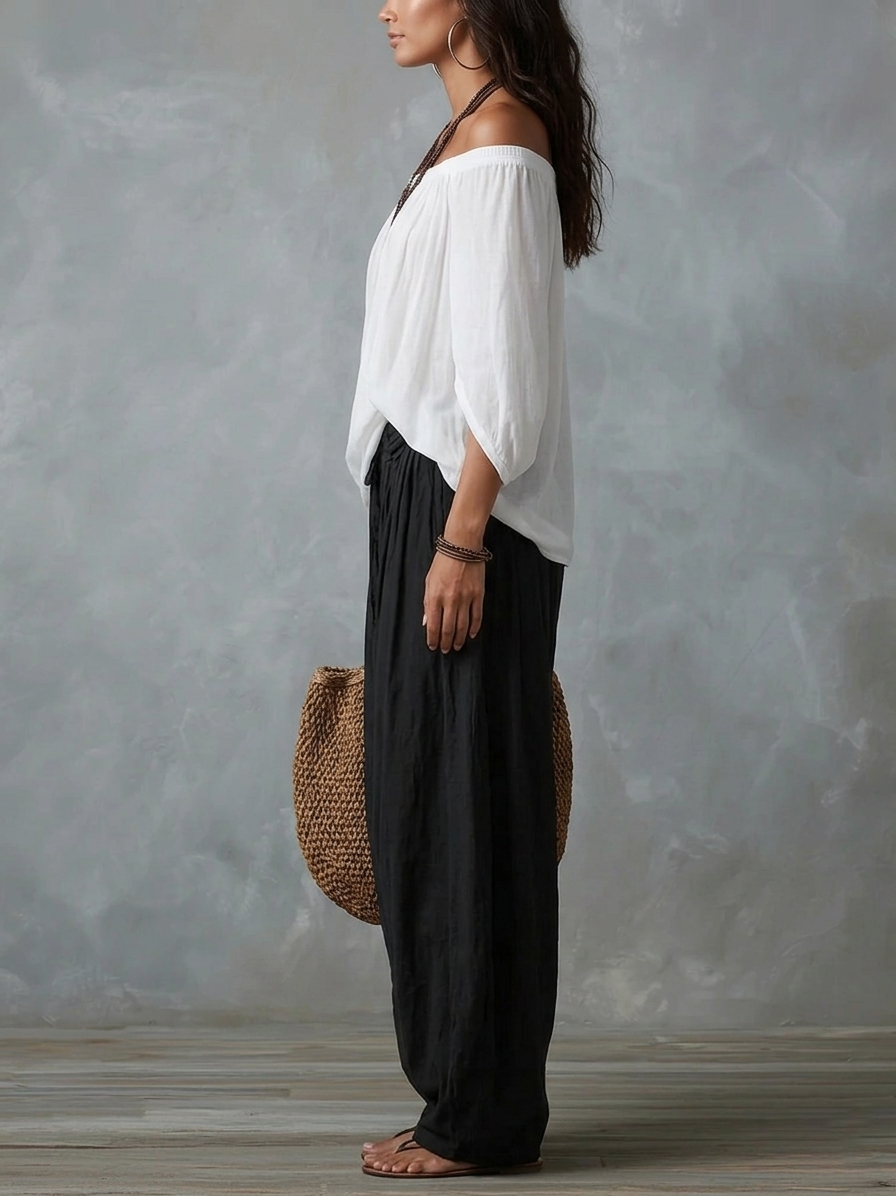 Marta | Completo Top Bianco Off-the-shoulder e Pantaloni Lantern Larghi
