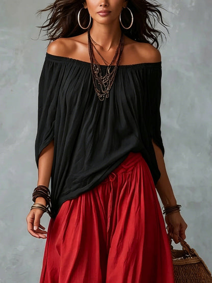Marta | Completo Top Bianco Off-the-shoulder e Pantaloni Lantern Larghi