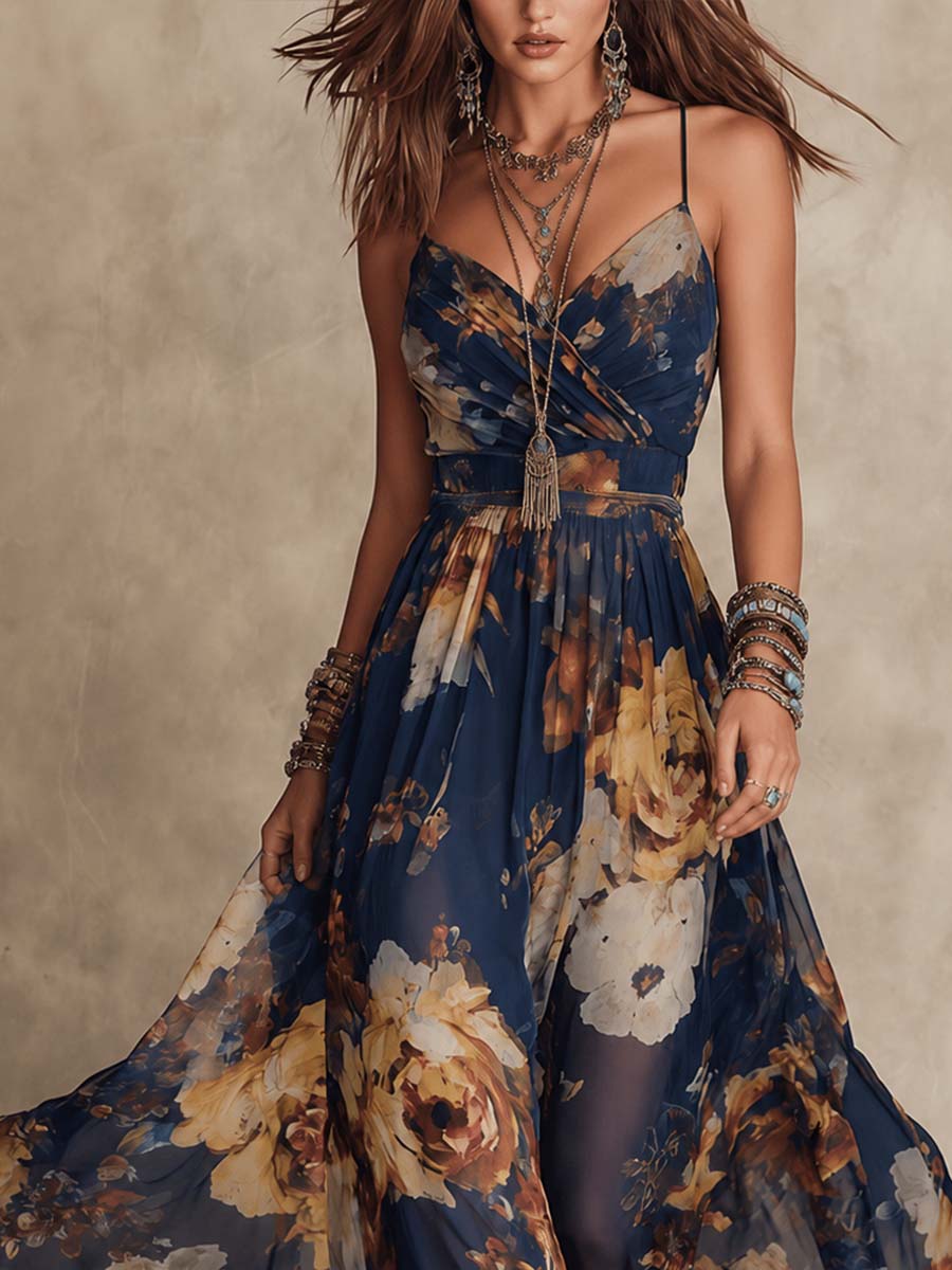 Adrienne | Abito Maxi in Chiffon Blu Navy con Stampa Floreale e Spalline Sottili