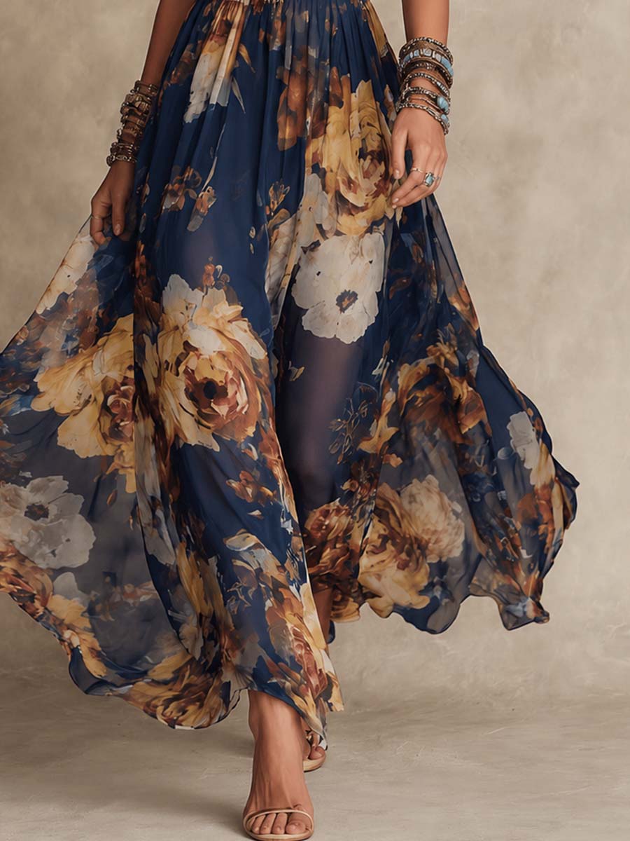 Adrienne | Abito Maxi in Chiffon Blu Navy con Stampa Floreale e Spalline Sottili