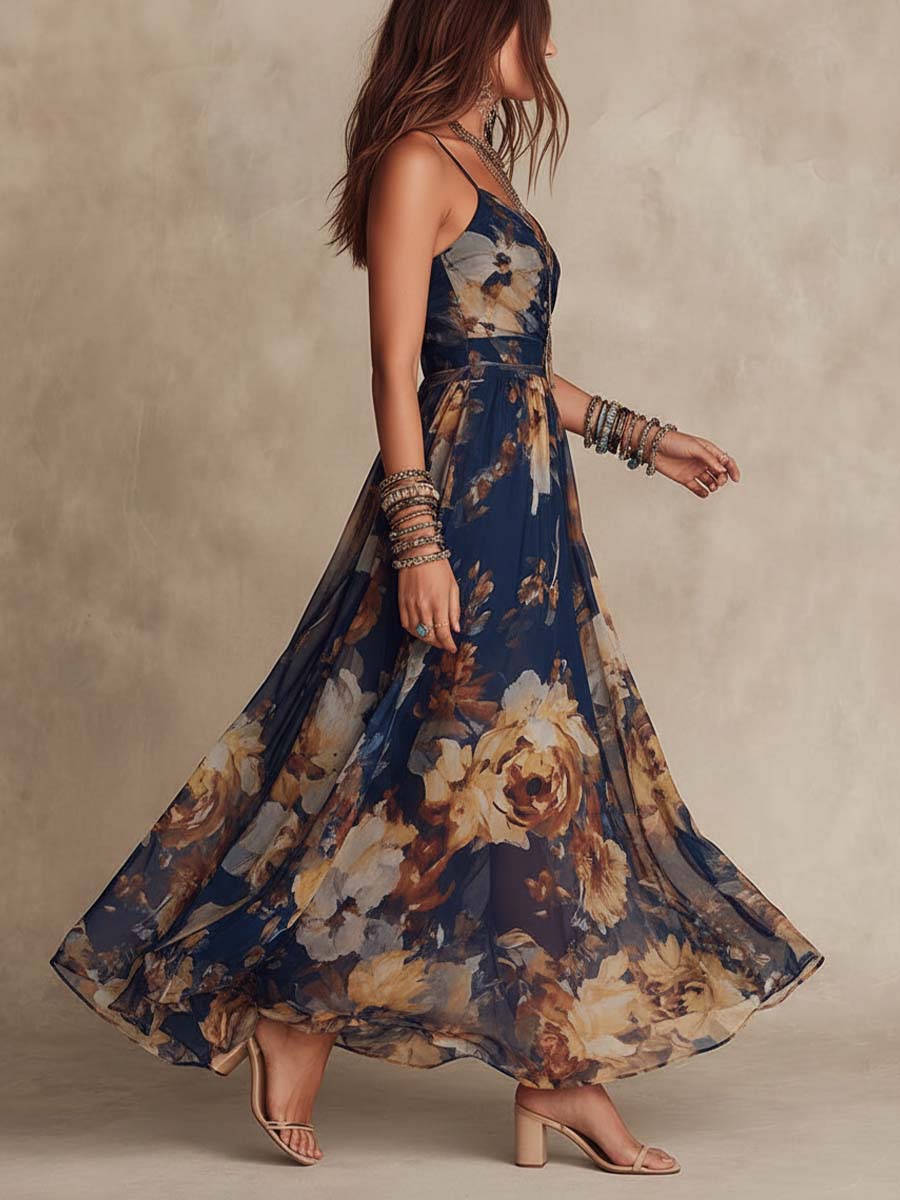 Adrienne | Abito Maxi in Chiffon Blu Navy con Stampa Floreale e Spalline Sottili