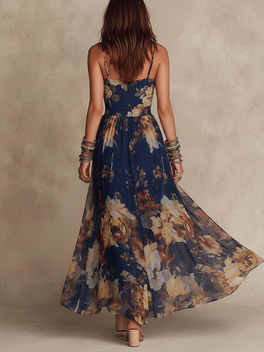 Adrienne | Abito Maxi in Chiffon Blu Navy con Stampa Floreale e Spalline Sottili