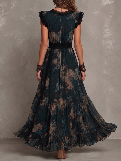 Luz | Vestito lungo in chiffon vintage verde scuro con pizzo floreale
