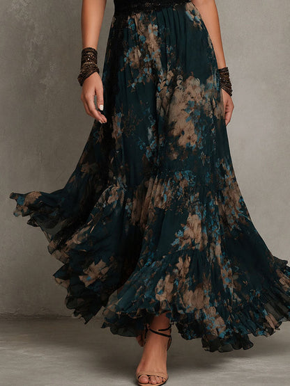 Luz | Vestito lungo in chiffon vintage verde scuro con pizzo floreale