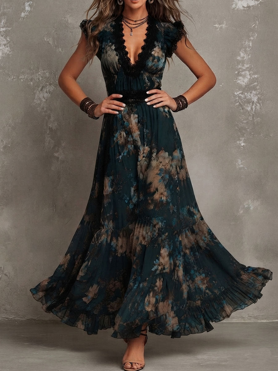 Luz | Vestito lungo in chiffon vintage verde scuro con pizzo floreale