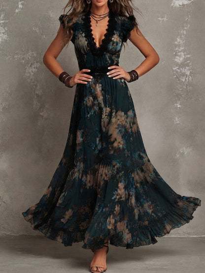 Luz | Vestito lungo in chiffon vintage verde scuro con pizzo floreale