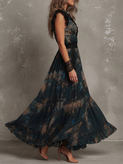 Luz | Vestito lungo in chiffon vintage verde scuro con pizzo floreale