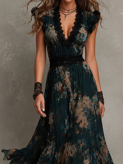 Luz | Vestito lungo in chiffon vintage verde scuro con pizzo floreale