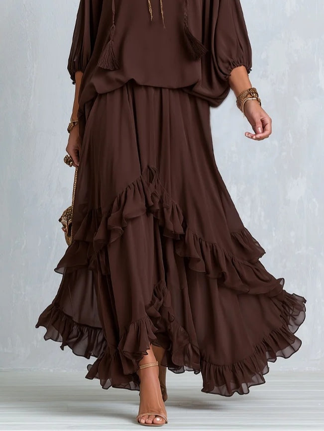 Ondine | Top in Chiffon Marrone con Frange e Gonna Volante