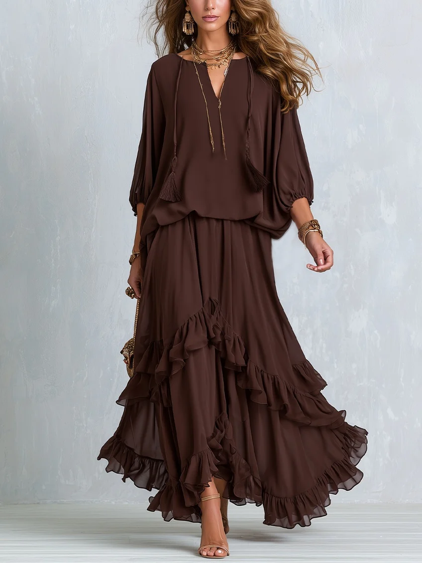 Ondine | Top in Chiffon Marrone con Frange e Gonna Volante