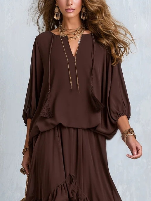 Ondine | Top in Chiffon Marrone con Frange e Gonna Volante