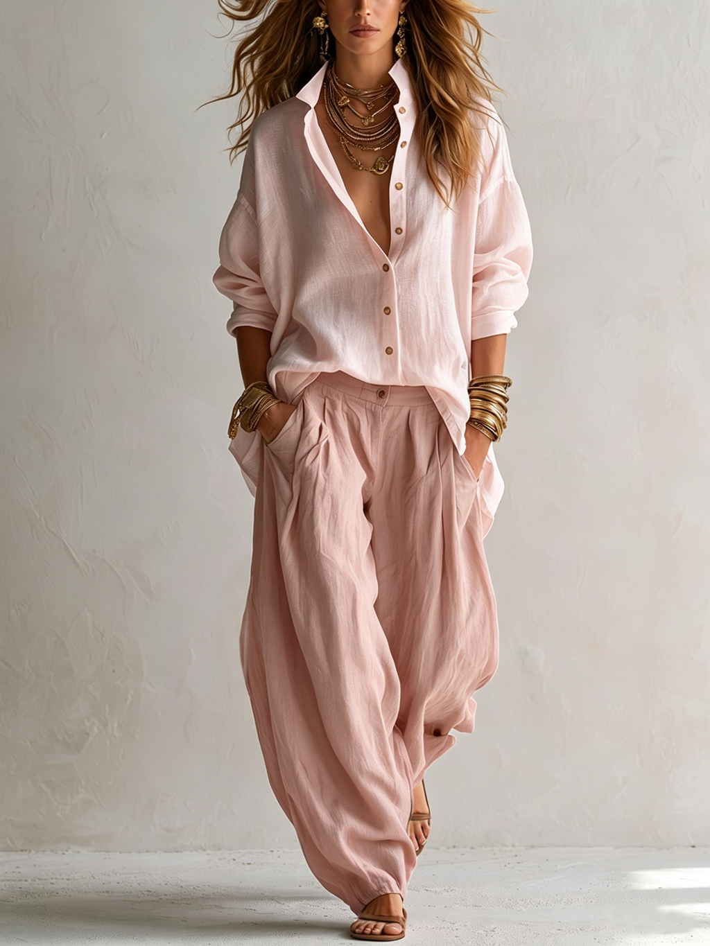 Set Camicia Rosa Larga e Pantaloni Lantern a Gamba Larga