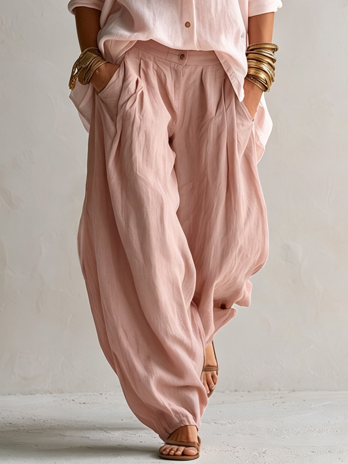 Set Camicia Rosa Larga e Pantaloni Lantern a Gamba Larga