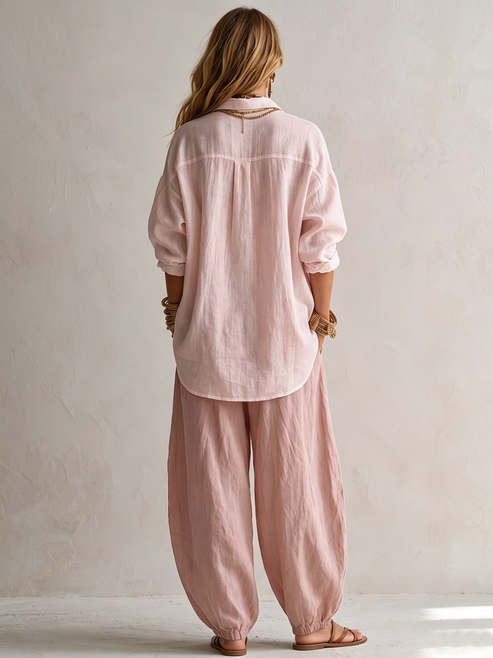 Set Camicia Rosa Larga e Pantaloni Lantern a Gamba Larga