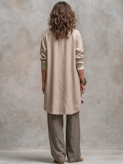 Completo Elegante a Tre Pezzi Beige Grigio con Pantaloni a Gamba Larga