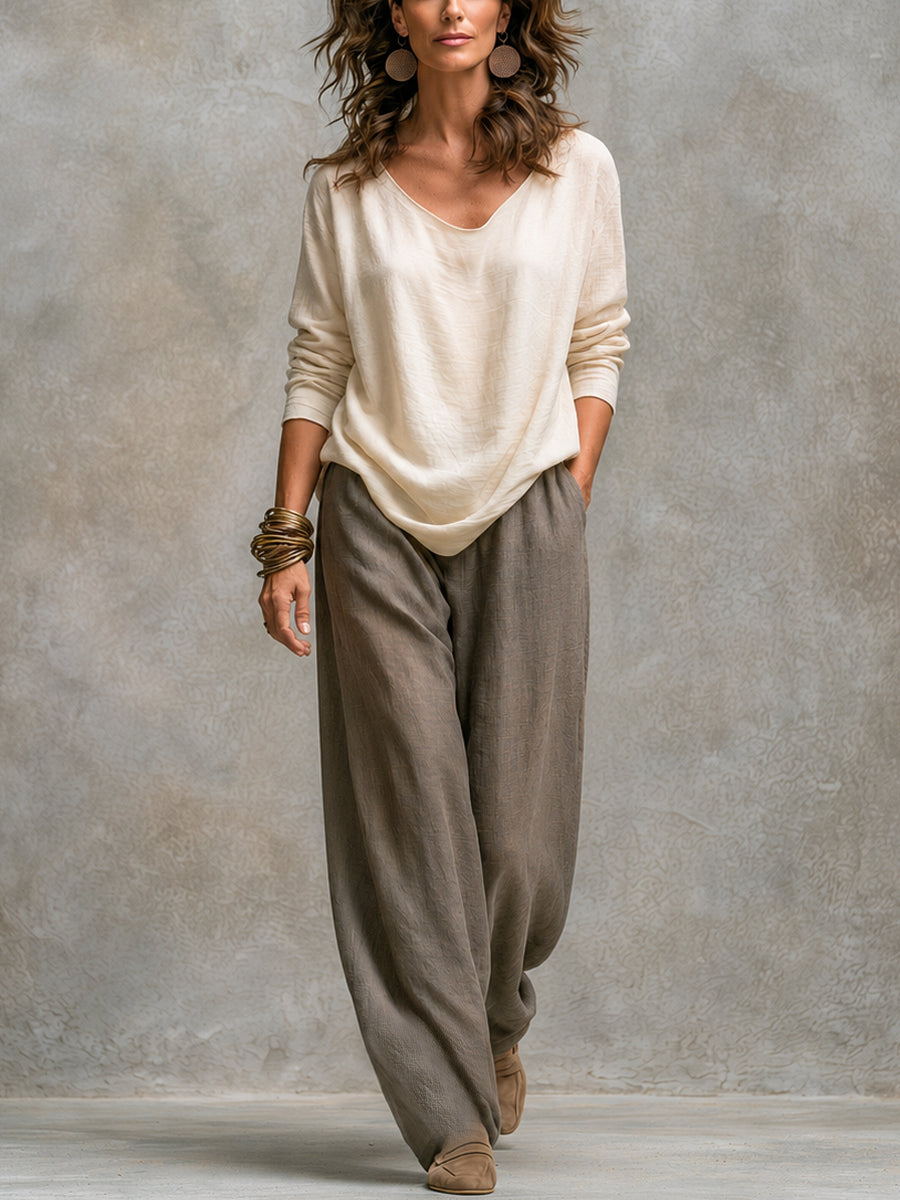 Completo Elegante a Tre Pezzi Beige Grigio con Pantaloni a Gamba Larga