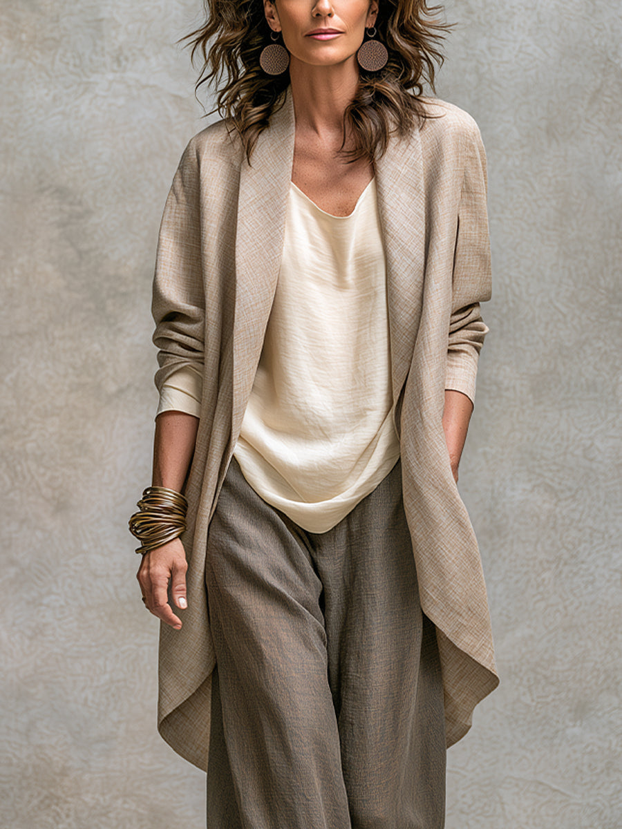 Completo Elegante a Tre Pezzi Beige Grigio con Pantaloni a Gamba Larga