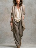 Completo Elegante a Tre Pezzi Beige Grigio con Pantaloni a Gamba Larga