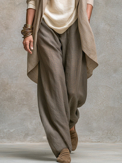 Completo Elegante a Tre Pezzi Beige Grigio con Pantaloni a Gamba Larga