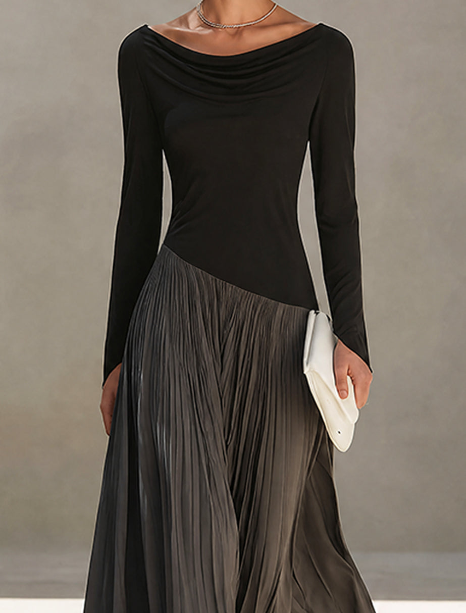 Abito Maxi Plissettato con Scollatura Drappeggiata Bicolore Nero e Grigio