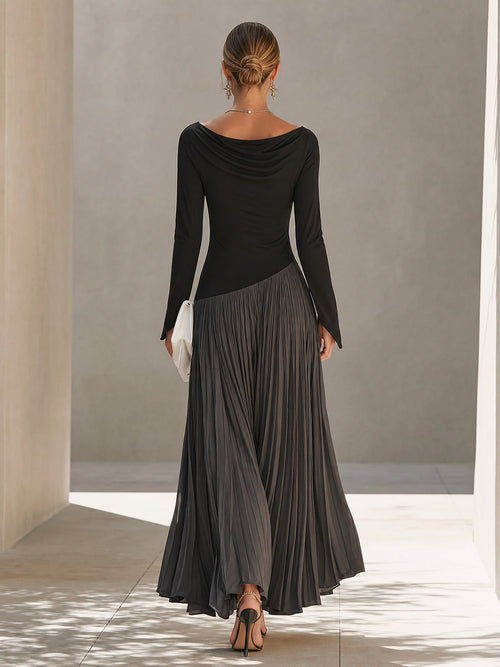 Abito Maxi Plissettato con Scollatura Drappeggiata Bicolore Nero e Grigio