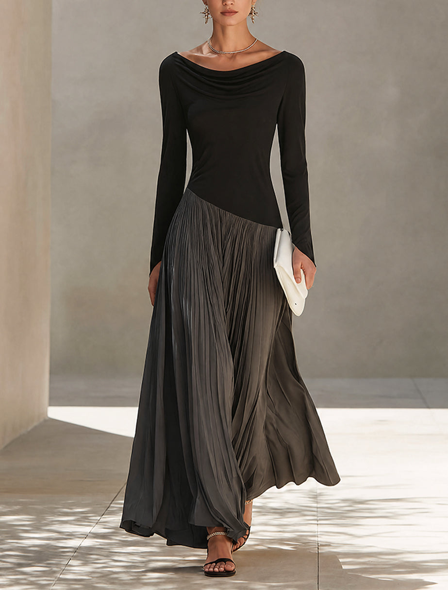 Abito Maxi Plissettato con Scollatura Drappeggiata Bicolore Nero e Grigio