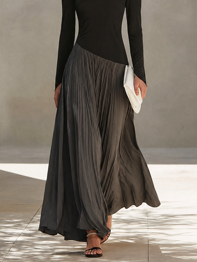 Abito Maxi Plissettato con Scollatura Drappeggiata Bicolore Nero e Grigio