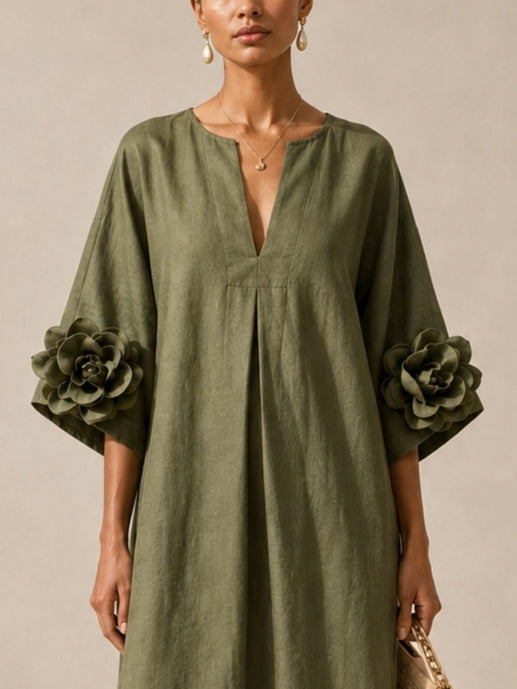Aurélie | Abito Midi Verde Oliva con Scollatura a V e Maniche Floreali Stravaganti