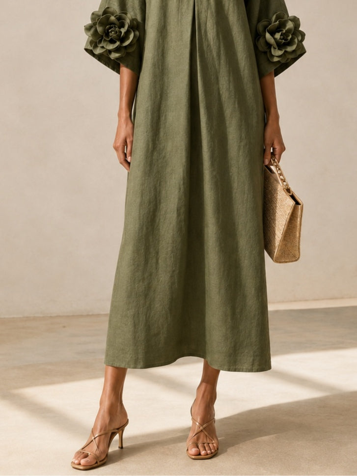 Aurélie | Abito Midi Verde Oliva con Scollatura a V e Maniche Floreali Stravaganti