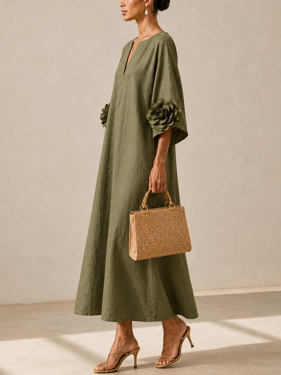 Aurélie | Abito Midi Verde Oliva con Scollatura a V e Maniche Floreali Stravaganti