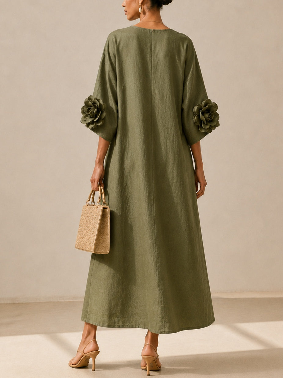 Aurélie | Abito Midi Verde Oliva con Scollatura a V e Maniche Floreali Stravaganti