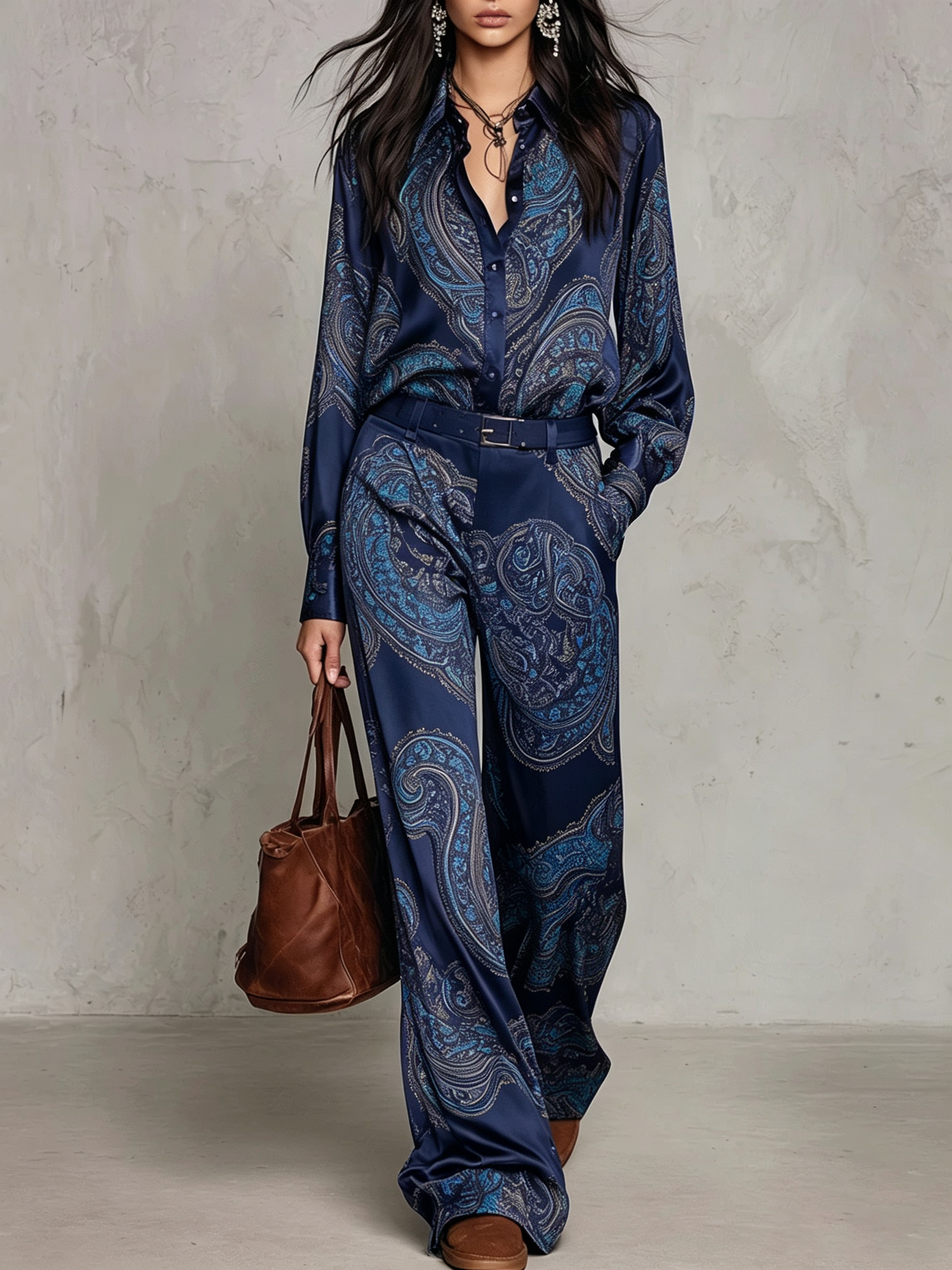 Gloria | Camicia di seta a manica lunga con stampa paisley bordeaux e pantaloni a gamba larga