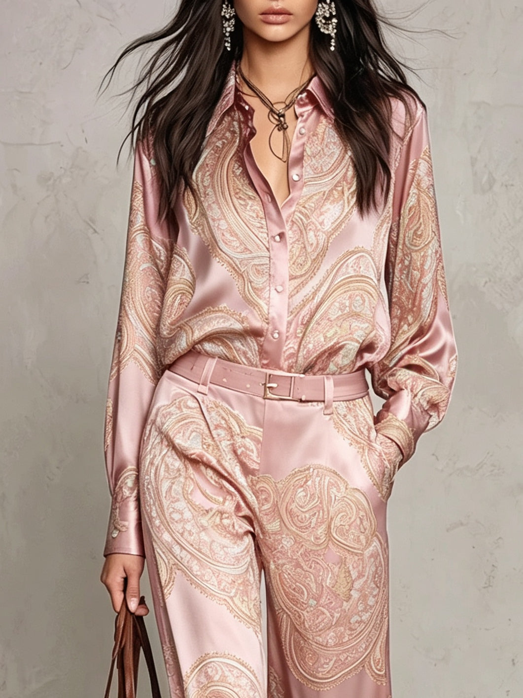 Set di Camicia a Maniche Lunghe in Satin con Stampa Paisley Rosa e Pantaloni a Gamba Larga (con cintura)